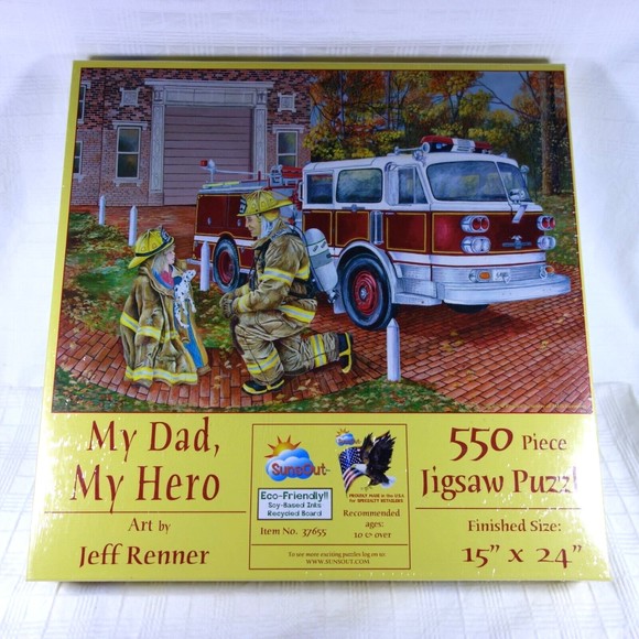 My Dad My Hero Jigsaw Puzzle with Art by Jeff Renner Firefighter 550 Piece - NIB - Picture 1 of 6